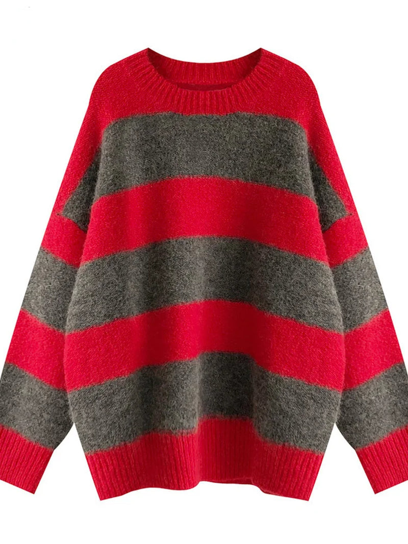 Women Oversized Thin Sweater Vintage Striped Loose Pullover Streetwear Autumn Knitted Jumper Femme 2026 Sueter Mujer