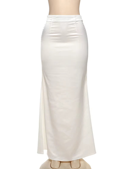 Trendix Elegant Satin Skirts and Vest Suits Women French Vintage Lace Tube Top High Waist Maxi Skirt 2 Piece Sets Womens Outfits