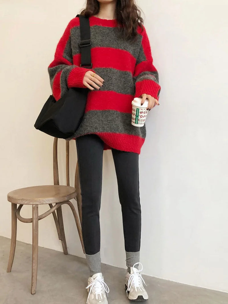 Women Oversized Thin Sweater Vintage Striped Loose Pullover Streetwear Autumn Knitted Jumper Femme 2026 Sueter Mujer