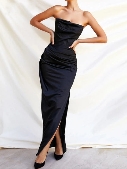 -Sexy Satin Maxi Dress for Women,Off Shoulder,Sleeveless, Backless,Side Split,Long Dress for Lady,Spring,Summer,2021