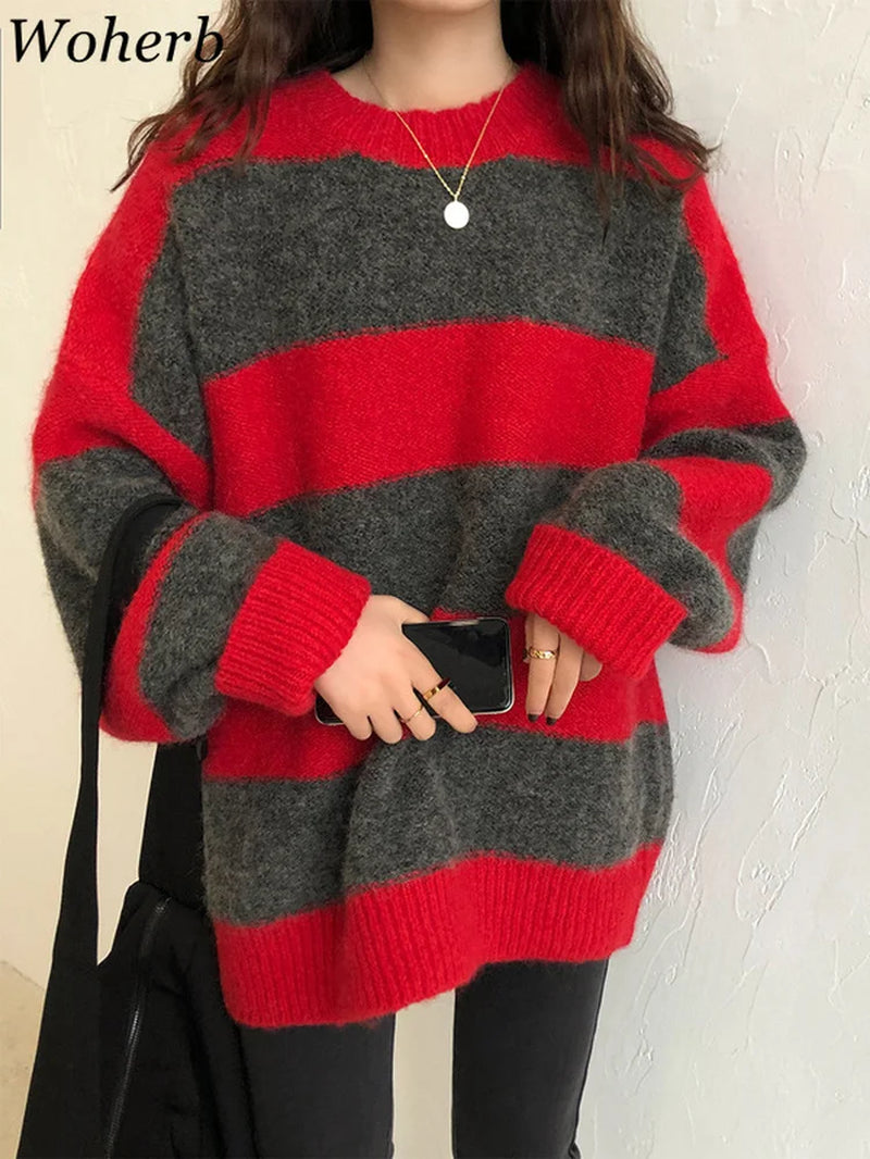 Women Oversized Thin Sweater Vintage Striped Loose Pullover Streetwear Autumn Knitted Jumper Femme 2026 Sueter Mujer