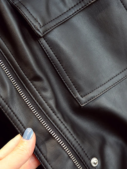 Slim PU Coats Women Faux Leather Jackets Vintage Motor Biker Jackets Elegant Tie Belt Waist Pockets Buttons Coats