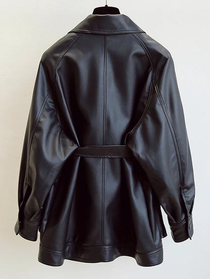 Slim PU Coats Women Faux Leather Jackets Vintage Motor Biker Jackets Elegant Tie Belt Waist Pockets Buttons Coats