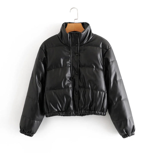Winter Warm Thick PU Leather Coats Women Short Parkas Fashion Black Cotton Padded Lady down Jacket Elegant Zipper Clothes 2023