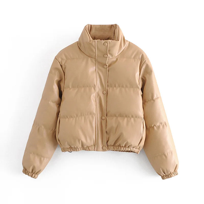 Winter Warm Thick PU Leather Coats Women Short Parkas Fashion Black Cotton Padded Lady down Jacket Elegant Zipper Clothes 2023