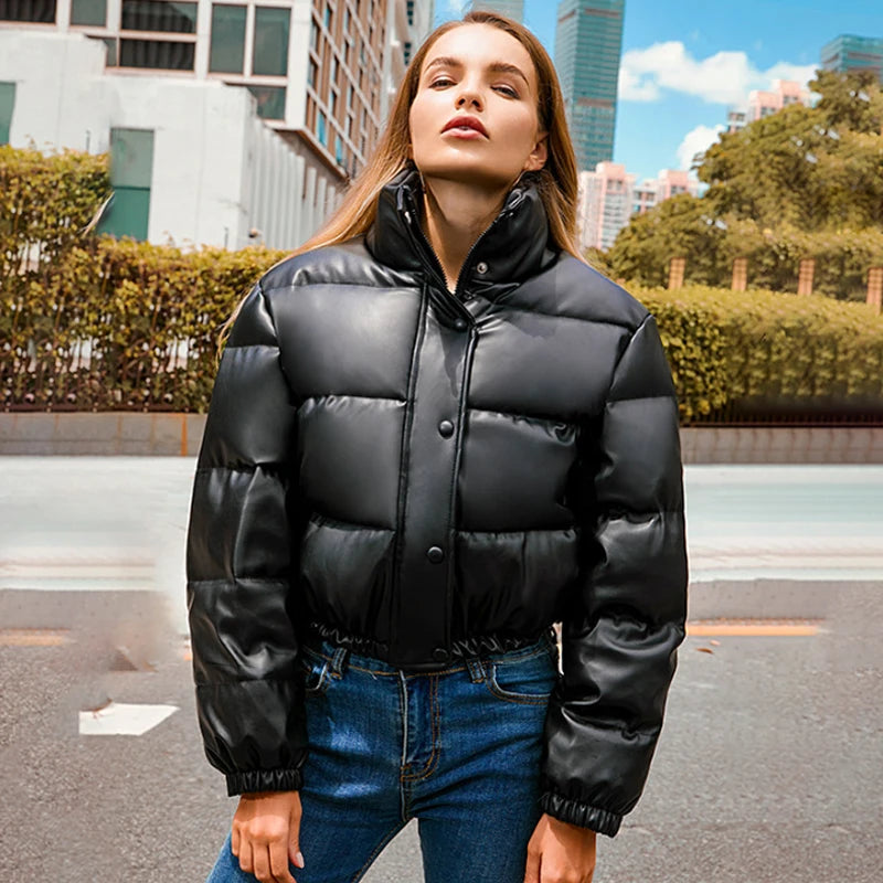 Winter Warm Thick PU Leather Coats Women Short Parkas Fashion Black Cotton Padded Lady down Jacket Elegant Zipper Clothes 2023