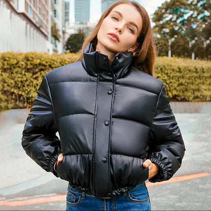 Winter Warm Thick PU Leather Coats Women Short Parkas Fashion Black Cotton Padded Lady down Jacket Elegant Zipper Clothes 2023