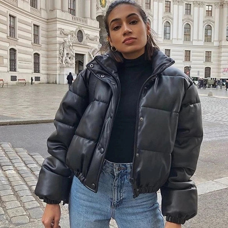 Winter Warm Thick PU Leather Coats Women Short Parkas Fashion Black Cotton Padded Lady down Jacket Elegant Zipper Clothes 2023