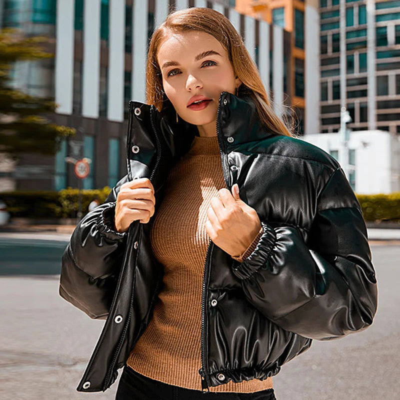 Winter Warm Thick PU Leather Coats Women Short Parkas Fashion Black Cotton Padded Lady down Jacket Elegant Zipper Clothes 2023