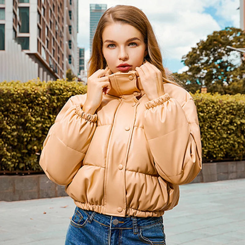 Winter Warm Thick PU Leather Coats Women Short Parkas Fashion Black Cotton Padded Lady down Jacket Elegant Zipper Clothes 2023