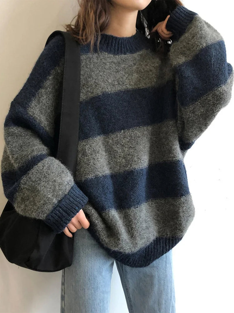 Women Oversized Thin Sweater Vintage Striped Loose Pullover Streetwear Autumn Knitted Jumper Femme 2026 Sueter Mujer