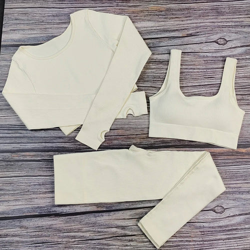 White Yoga Sets Seamless Women'S Gym Set 2/3/4 Pieces Yoga Suits Clothes Female Ribbed Activewear Fitness Athletic Wear Femme
