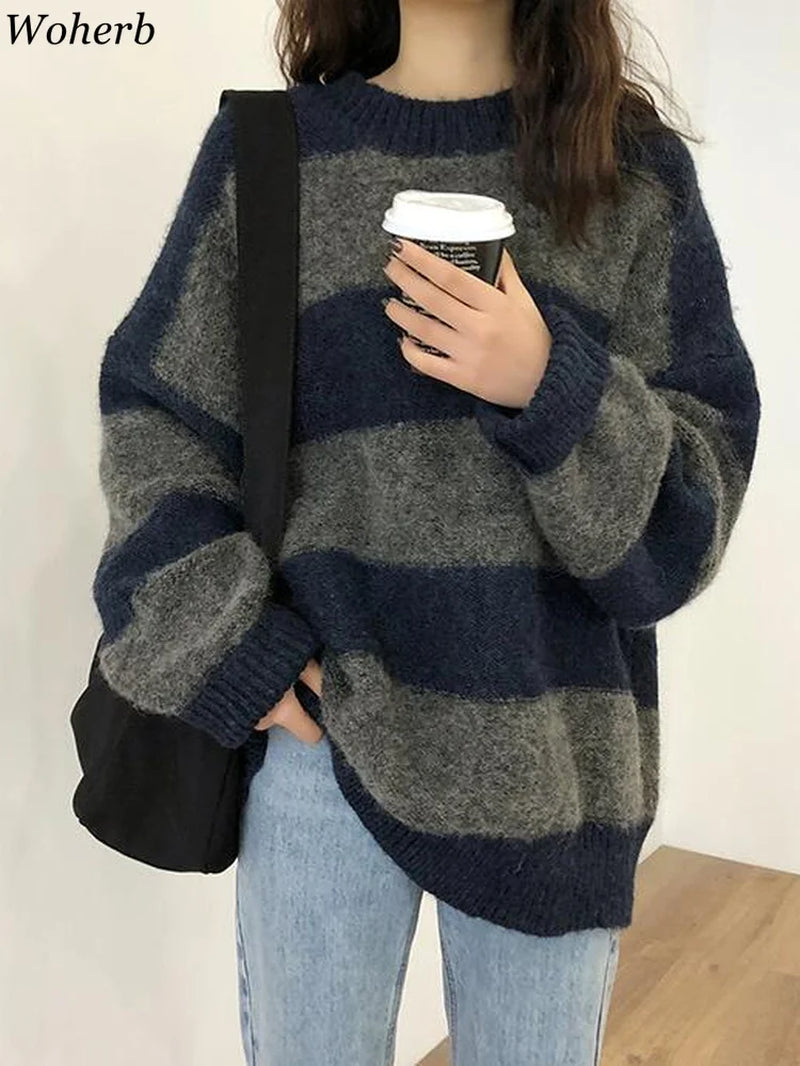 Women Oversized Thin Sweater Vintage Striped Loose Pullover Streetwear Autumn Knitted Jumper Femme 2026 Sueter Mujer
