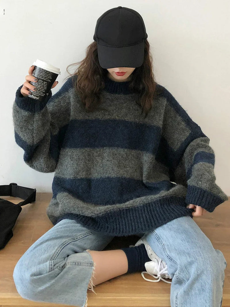 Women Oversized Thin Sweater Vintage Striped Loose Pullover Streetwear Autumn Knitted Jumper Femme 2026 Sueter Mujer