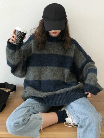 Women Oversized Thin Sweater Vintage Striped Loose Pullover Streetwear Autumn Knitted Jumper Femme 2026 Sueter Mujer
